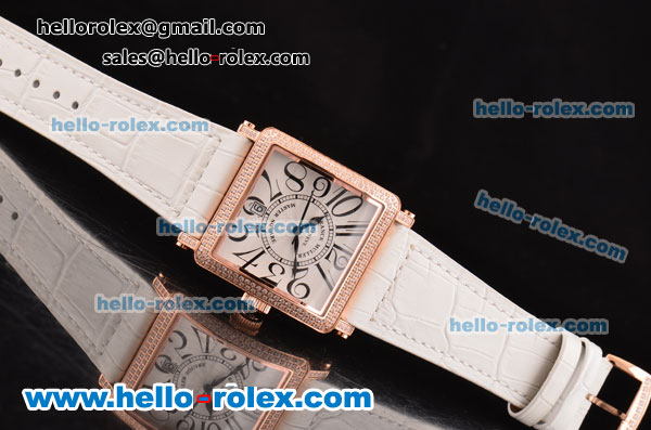 Franck Muller Master Square Swiss Quartz Rose Gold Case with Diamond bezel and White Leather Strap - Click Image to Close